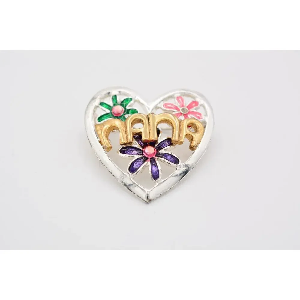 TC Vintage NANA Pin Brooch Floral Heart Grandma Grandmother Enamel Signed BinBA